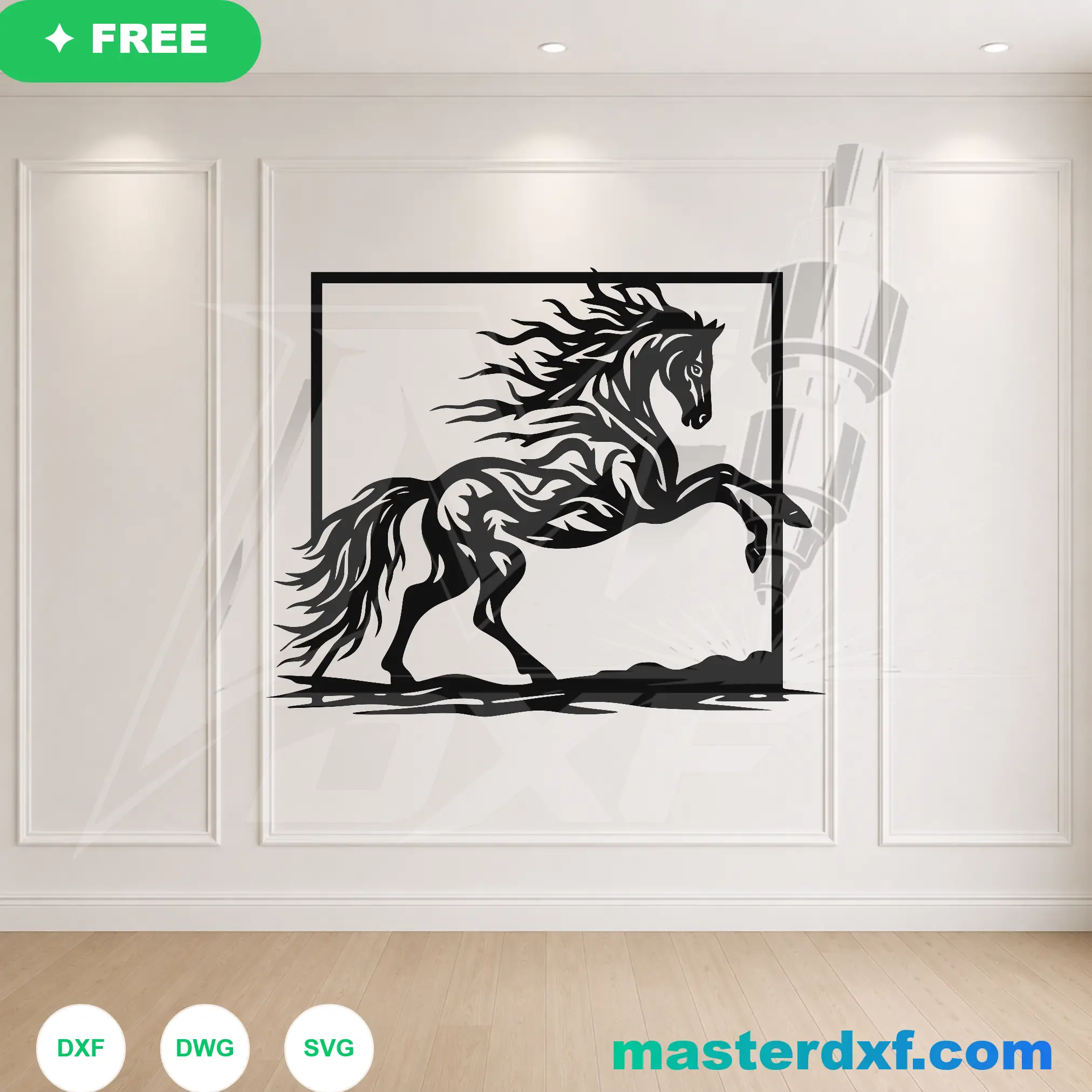 Wild Stallion Rearing Flame Tribal Framing Wall Panel DXF File
